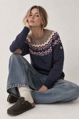 Fjallraven Ovik Knit Sweater Womens S 100% Wool Nordic Fair Isle Navy Red